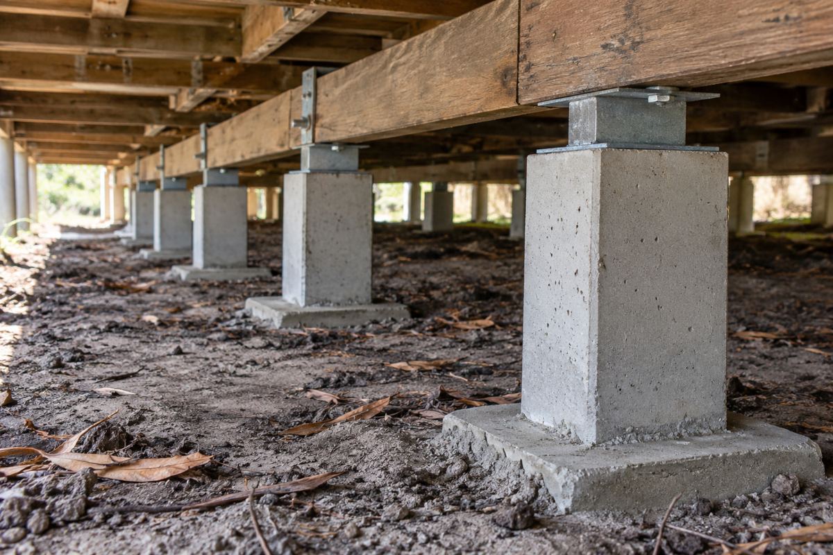 A row of new precast concrete stumps with galvanised ant caps standing under a weatherboard house in Dromana, each stump set in pale sandy soil with the bearer resting on the caps above.
