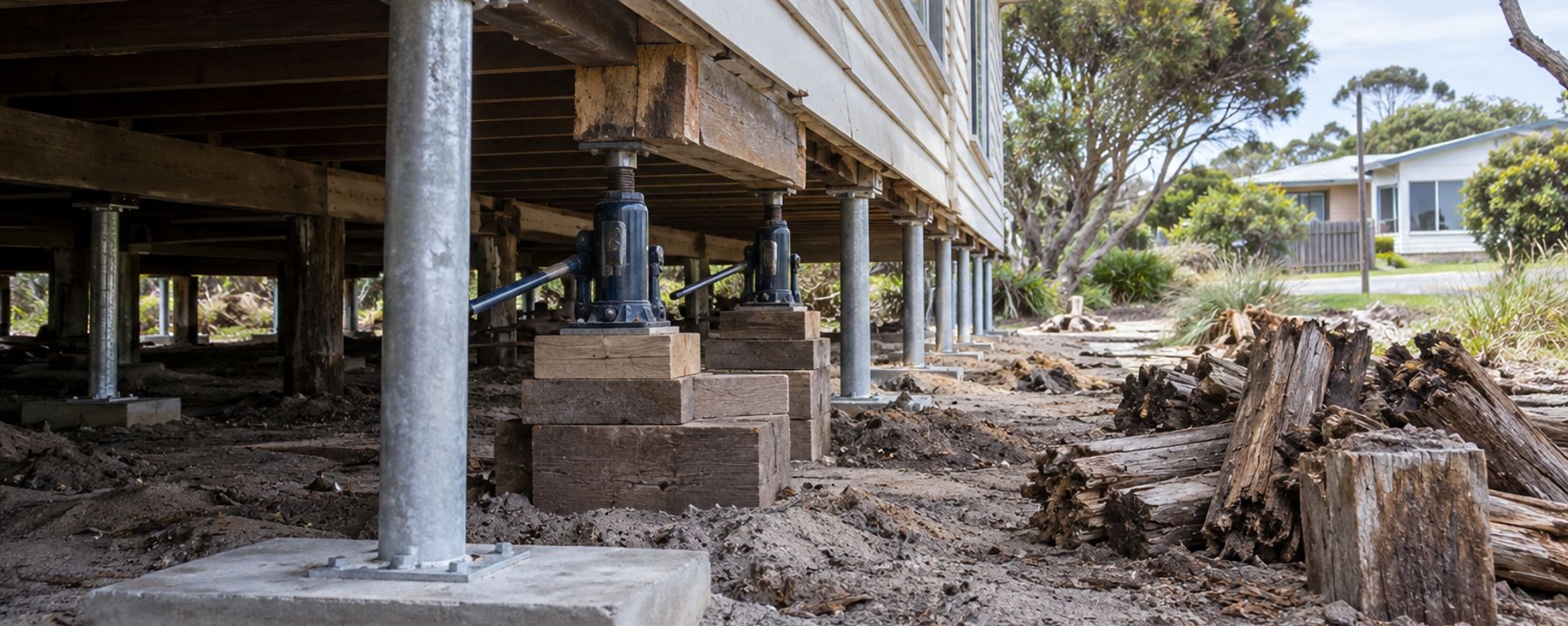 Under a 1960s weatherboard beach house in Rosebud during a restump, new galvanised steel stumps on fresh concrete pads, two bottle jacks holding a bearer, and the old rotted timber stumps heaped on the sandy soil outside