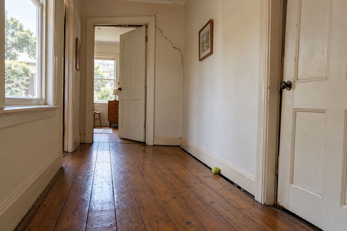 A hallway in an older Mornington Peninsula house sloping visibly to one end, with a diagonal plaster crack over a door frame, a planed door, a gap at the skirting and a tennis ball at the low end.
